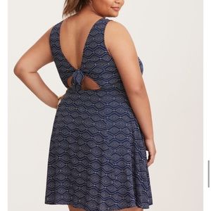 Border Print Tie Open Back Challis Dress